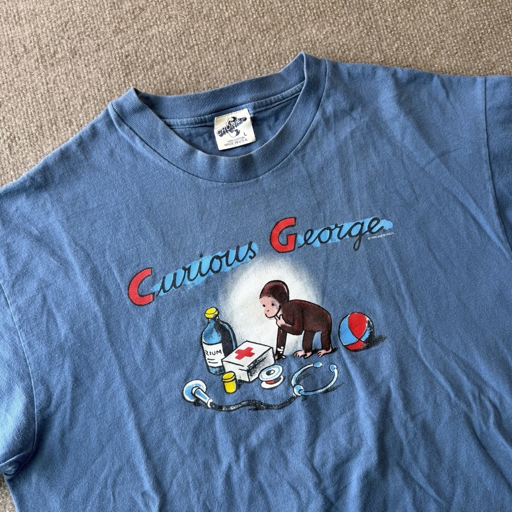 Vintage 1996 Curious George Doctor Monkey Cartoon Kid Shows Comics Promo Tee L